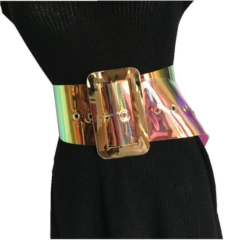 1481 Women Fashion Iridescent Clear Belt Transparent Pvc Chunk Waist